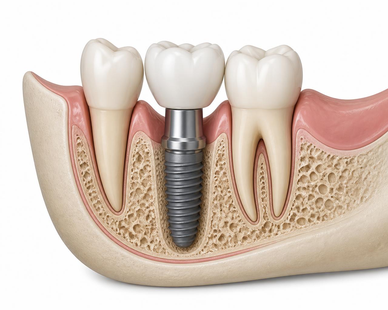 Cross-section illustration of a single tooth implant showing the titanium post in the jawbone, the abutment, and the ceramic crown between two natural teeth