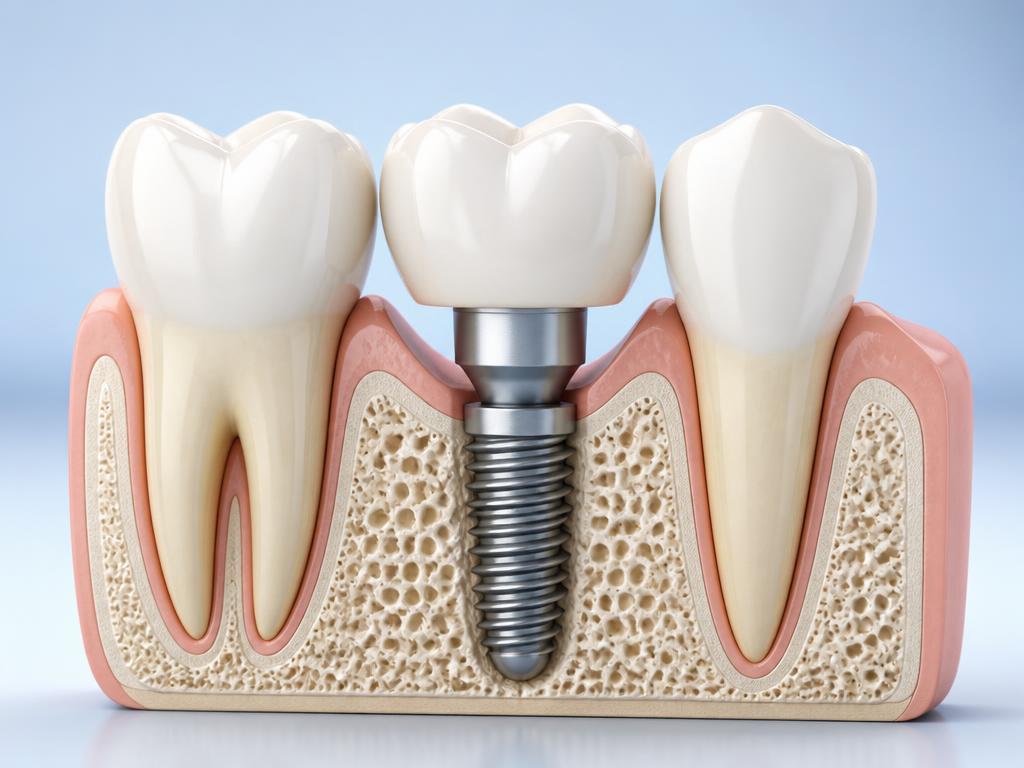 Cross-section illustration of a single tooth dental implant — titanium post, abutment, and crown between two natural teeth.