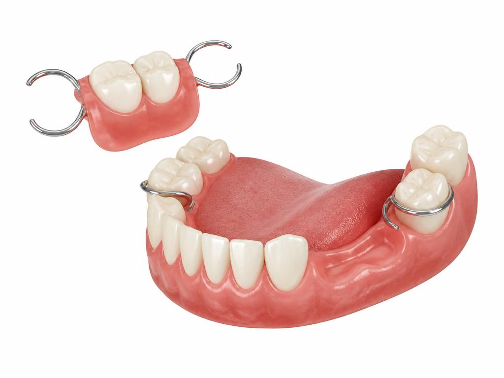 Illustration of a removable partial denture with pink acrylic saddles, replacement teeth, and metal clasps that hook onto the remaining natural lower teeth