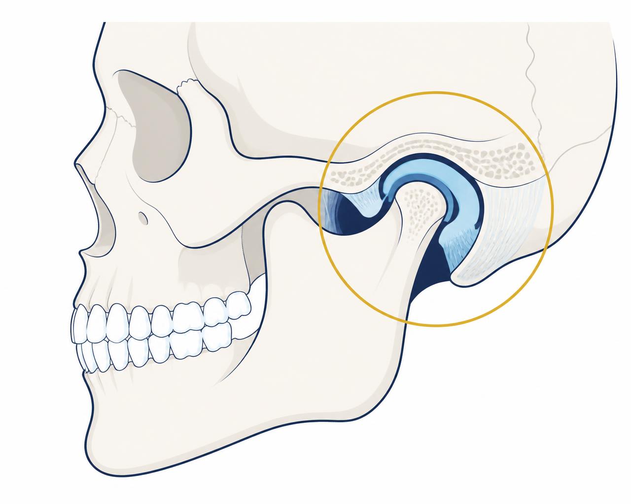 Side-profile anatomical illustration of the temporomandibular joint, showing where the lower jaw meets the skull in front of the ear, with the joint socket and cushioning disc highlighted